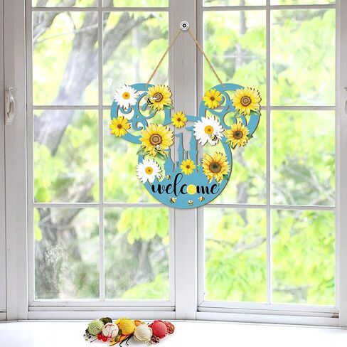 Summer Welcome Door Sign Mouse Shaped, Bees Sunflower Wooden Hanging Sign, Flowers Front Door Decorations Wall Art for Summer Indoor Outdoor Home Yard Garden Decor Blue in Saudi Arabia