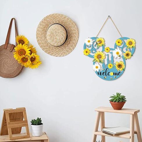 Summer Welcome Door Sign Mouse Shaped, Bees Sunflower Wooden Hanging Sign, Flowers Front Door Decorations Wall Art for Summer Indoor Outdoor Home Yard Garden Decor Blue in Saudi Arabia