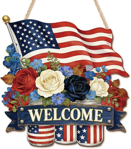 4th of July Welcome Sign - Independence Day Wooden Hanger Door Sign USA Patriotic American Flag Front Door Hanging Decoration Gift for Memorial Day Home Outdoor Porch Wall Decor 12 x 12 Inch in Saudi Arabia