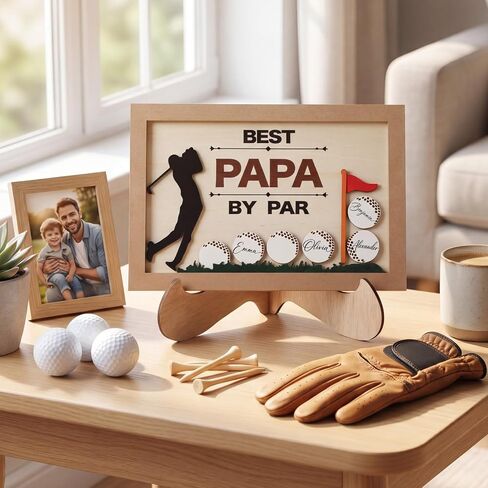 Fathers Day Golf Gifts for Dads 13.4'' Best Papa by Par Wooden Sign with 6 Pcs Ball Blank Wood Chips Funny Papa Golf Gifts from Daughter Son Best Dad by Par Stand Decor for Husband New Fathers in Saudi Arabia