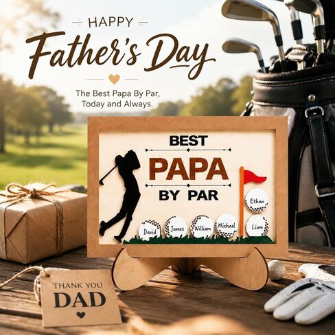 Fathers Day Golf Gifts for Dads 13.4'' Best Papa by Par Wooden Sign with 6 Pcs Ball Blank Wood Chips Funny Papa Golf Gifts from Daughter Son Best Dad by Par Stand Decor for Husband New Fathers in Saudi Arabia