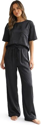 Zylioo Satin Pajama Set for Tall Women 5'8"+ Soft Silky Summer Sleepwear with Flowing Relaxed Fit Black in Kuwait
