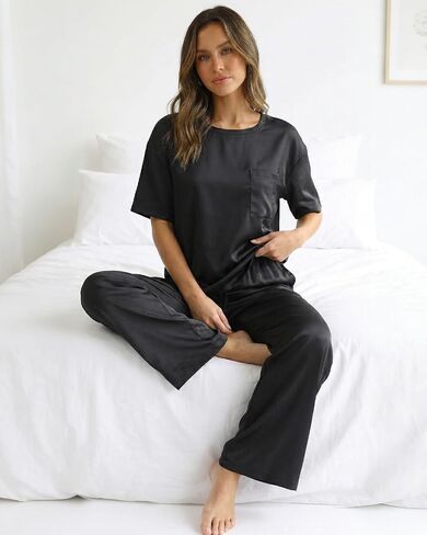 Zylioo Satin Pajama Set for Tall Women 5'8"+ Soft Silky Summer Sleepwear with Flowing Relaxed Fit Black in Kuwait