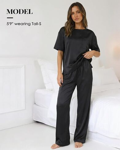 Zylioo Satin Pajama Set for Tall Women 5'8"+ Soft Silky Summer Sleepwear with Flowing Relaxed Fit Black in Kuwait
