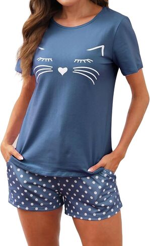 Womens Pajama Sets Cotton Short Sleeve Top & Shorts Womens Pjs Sets Cute Cat Print Women's Sleepwear with Pockets in Saudi Arabia