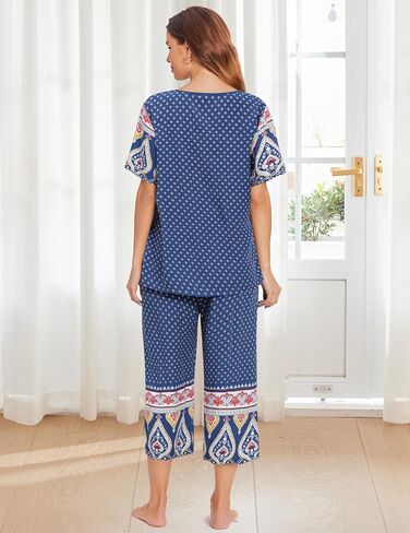 Women's Women Capri Pajama Sets Short Sleeve and Capri Pants Mumu Pajama with Pockets Sleepwear Pjs Sets in Kuwait