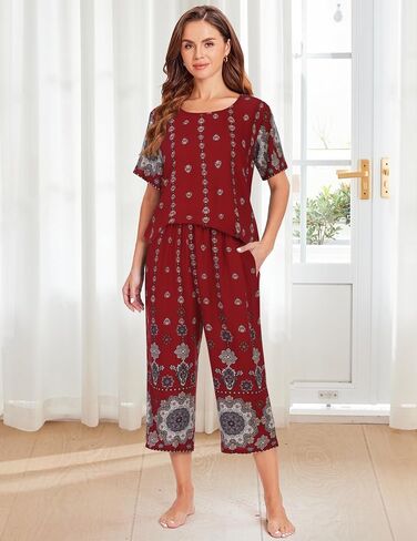 Women's Women Capri Pajama Sets Short Sleeve and Capri Pants Mumu Pajama with Pockets Sleepwear Pjs Sets in Kuwait