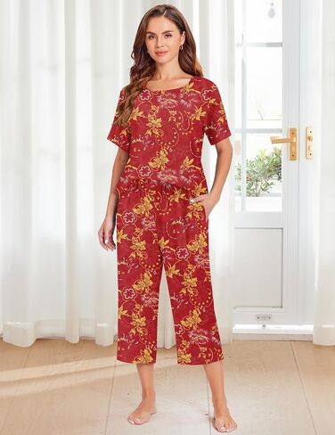 Women's Women Capri Pajama Sets Short Sleeve and Capri Pants Mumu Pajama with Pockets Sleepwear Pjs Sets in Kuwait