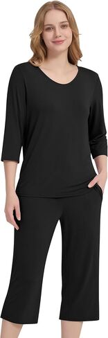 NACHILA Pajamas for Women-Viscose Made from Bamboo, 3/4 Sleeve Pajama Capri Pants Pjs Set Soft Sleepwear in Kuwait