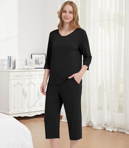 NACHILA Pajamas for Women-Viscose Made from Bamboo, 3/4 Sleeve Pajama Capri Pants Pjs Set Soft Sleepwear in Kuwait