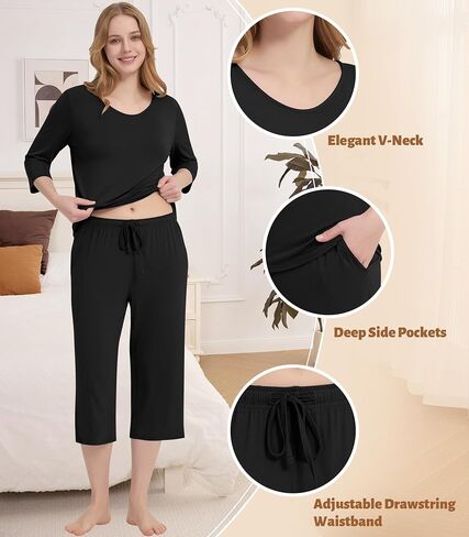 NACHILA Pajamas for Women-Viscose Made from Bamboo, 3/4 Sleeve Pajama Capri Pants Pjs Set Soft Sleepwear in Kuwait