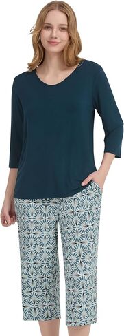 NACHILA Pajamas for Women-Viscose Made from Bamboo, 3/4 Sleeve Pajama Capri Pants Pjs Set Soft Sleepwear in Kuwait
