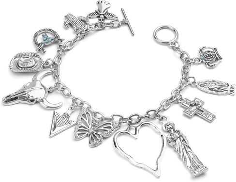 Western Cowgirl Bracelet for Women, Silver Cowboy Charm Bracelet with Virgin Mary, Angel, Hat, Heart, Bull's Head, Butterfly, Cross, Crown & Cactus Pendants, Boho Link Chain Cuff Bangle Jewelry Gifts in Saudi Arabia