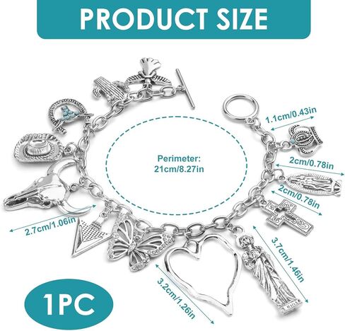 Western Cowgirl Bracelet for Women, Silver Cowboy Charm Bracelet with Virgin Mary, Angel, Hat, Heart, Bull's Head, Butterfly, Cross, Crown & Cactus Pendants, Boho Link Chain Cuff Bangle Jewelry Gifts in Saudi Arabia