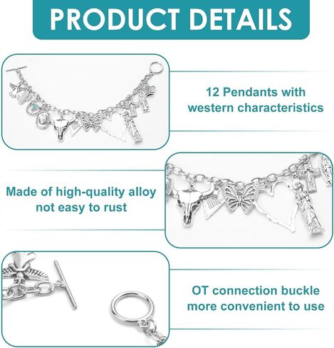 Western Cowgirl Bracelet for Women, Silver Cowboy Charm Bracelet with Virgin Mary, Angel, Hat, Heart, Bull's Head, Butterfly, Cross, Crown & Cactus Pendants, Boho Link Chain Cuff Bangle Jewelry Gifts in Saudi Arabia