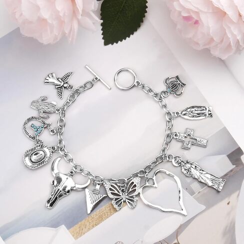 Western Cowgirl Bracelet for Women, Silver Cowboy Charm Bracelet with Virgin Mary, Angel, Hat, Heart, Bull's Head, Butterfly, Cross, Crown & Cactus Pendants, Boho Link Chain Cuff Bangle Jewelry Gifts in Saudi Arabia