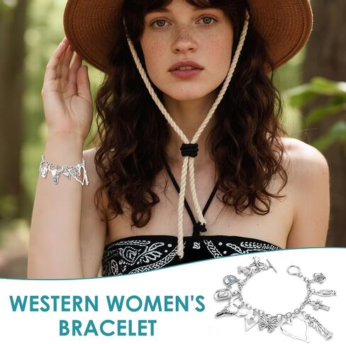 Western Cowgirl Bracelet for Women, Silver Cowboy Charm Bracelet with Virgin Mary, Angel, Hat, Heart, Bull's Head, Butterfly, Cross, Crown & Cactus Pendants, Boho Link Chain Cuff Bangle Jewelry Gifts in Saudi Arabia