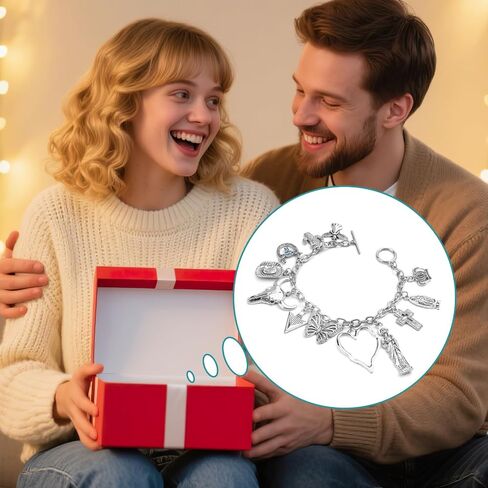 Western Cowgirl Bracelet for Women, Silver Cowboy Charm Bracelet with Virgin Mary, Angel, Hat, Heart, Bull's Head, Butterfly, Cross, Crown & Cactus Pendants, Boho Link Chain Cuff Bangle Jewelry Gifts in Saudi Arabia