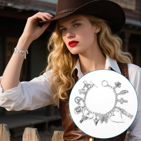 Western Cowgirl Bracelet for Women, Silver Cowboy Charm Bracelet with Virgin Mary, Angel, Hat, Heart, Bull's Head, Butterfly, Cross, Crown & Cactus Pendants, Boho Link Chain Cuff Bangle Jewelry Gifts in Saudi Arabia