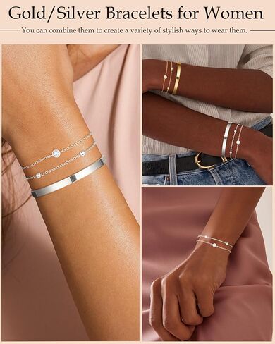ZHESHY Gold Silver Bracelets for Women Trendy Non Tarnish Dainty 14k Gold Plated Bangle Adjustable Cuff Bracelet Stack Stackable Friendship Bracelets Set Tennis Chain Waterproof Jewelry Gifts in Saudi Arabia