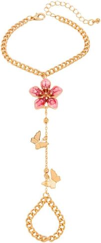 NewZenro Boho Flower Butterfly Charm Hand Chain Ring Bracelet for Women Gold-tone Pink Enamel Floral Fashion Adjustable Link Stackable Finger Rings Bracelets Trendy Jewelry in Saudi Arabia
