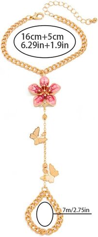 NewZenro Boho Flower Butterfly Charm Hand Chain Ring Bracelet for Women Gold-tone Pink Enamel Floral Fashion Adjustable Link Stackable Finger Rings Bracelets Trendy Jewelry in Saudi Arabia