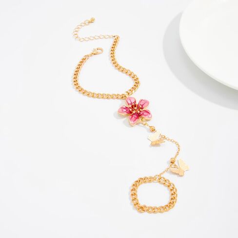 NewZenro Boho Flower Butterfly Charm Hand Chain Ring Bracelet for Women Gold-tone Pink Enamel Floral Fashion Adjustable Link Stackable Finger Rings Bracelets Trendy Jewelry in Saudi Arabia