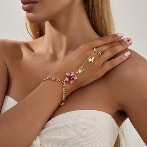 NewZenro Boho Flower Butterfly Charm Hand Chain Ring Bracelet for Women Gold-tone Pink Enamel Floral Fashion Adjustable Link Stackable Finger Rings Bracelets Trendy Jewelry in Saudi Arabia