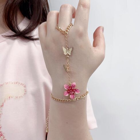 NewZenro Boho Flower Butterfly Charm Hand Chain Ring Bracelet for Women Gold-tone Pink Enamel Floral Fashion Adjustable Link Stackable Finger Rings Bracelets Trendy Jewelry in Saudi Arabia
