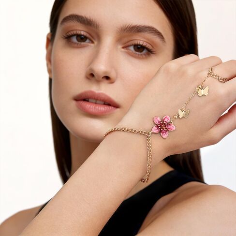 NewZenro Boho Flower Butterfly Charm Hand Chain Ring Bracelet for Women Gold-tone Pink Enamel Floral Fashion Adjustable Link Stackable Finger Rings Bracelets Trendy Jewelry in Saudi Arabia