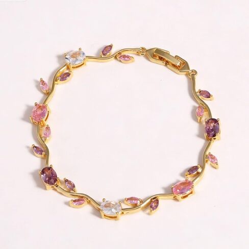 Tulip Flower Bracelet for Women Gold Crystal Leaf Statement Bracelet Sparkly Floral Gemstone Bracelet Colorful Flower Leaf Link Bracelet Costume Prom Jewelry Accessories in Saudi Arabia