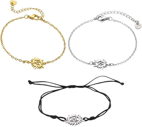 3Pack of Set Stainless Steel Natural Dean’s Inspired Anti-possession Symbol Bracelet Set for Men Women,Dean Winchester Pentagram Sun Link Bracelets Cosplay Jewelry in Saudi Arabia