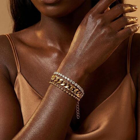 Gmai 18K Gold Plated 3-in-1 Layered Diamond Bracelet for Women, Adjustable Stainless Steel Stackable Bracelet with Extender Chain, Fashion Gift for Mother’s Day Wedding Graduation Christmas in Saudi Arabia