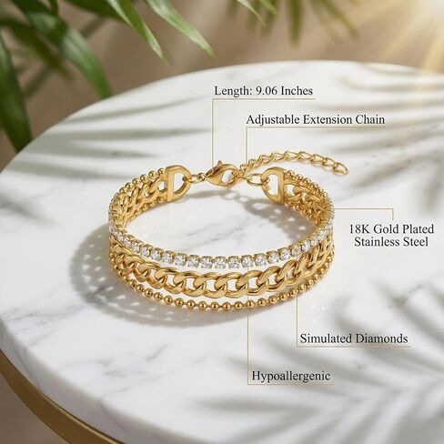Gmai 18K Gold Plated 3-in-1 Layered Diamond Bracelet for Women, Adjustable Stainless Steel Stackable Bracelet with Extender Chain, Fashion Gift for Mother’s Day Wedding Graduation Christmas in Saudi Arabia