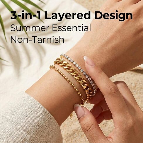 Gmai 18K Gold Plated 3-in-1 Layered Diamond Bracelet for Women, Adjustable Stainless Steel Stackable Bracelet with Extender Chain, Fashion Gift for Mother’s Day Wedding Graduation Christmas in Saudi Arabia