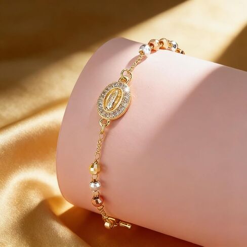 14K Gold Plated Catholic Crucifix Rosary Bracelet for Women | Virgin Mary Jesus Cross Charm Link Chain | Dainty Religious Gift for Confirmation, Baptism, First Communion & Easter in Saudi Arabia