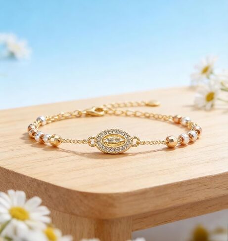 14K Gold Plated Catholic Crucifix Rosary Bracelet for Women | Virgin Mary Jesus Cross Charm Link Chain | Dainty Religious Gift for Confirmation, Baptism, First Communion & Easter in Saudi Arabia