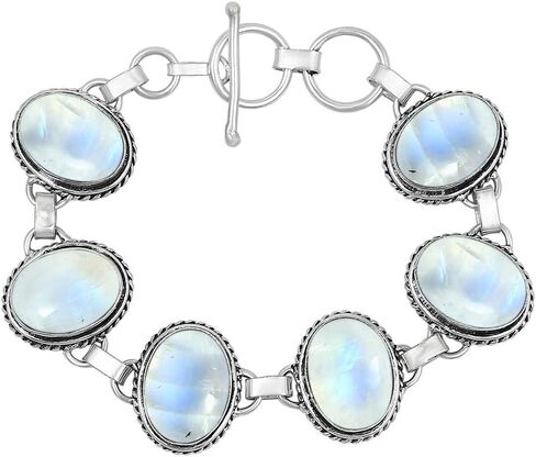 Natural Gemstones 925 Silver Plated Light Weight Trendy Statement Women's Jewelry Bracelets - Vintage Style Birthstone Oval Shape Stones Handmade Adjustable Link Bracelet - Gifts for Her in Saudi Arabia