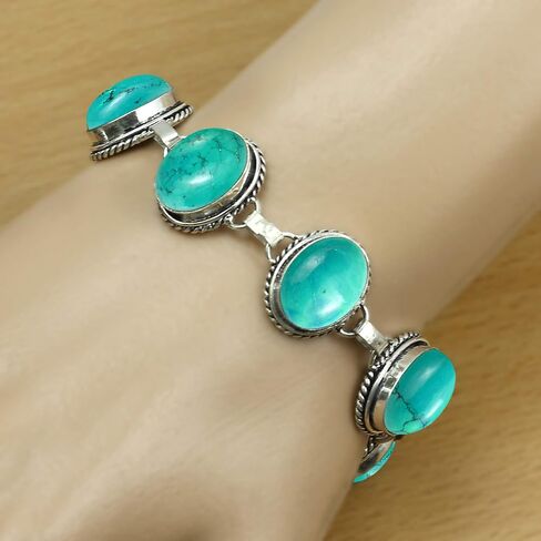 Natural Gemstones 925 Silver Plated Light Weight Trendy Statement Women's Jewelry Bracelets - Vintage Style Birthstone Oval Shape Stones Handmade Adjustable Link Bracelet - Gifts for Her in Saudi Arabia