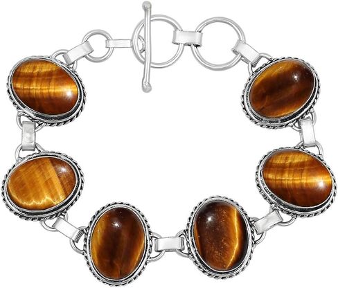 Natural Gemstones 925 Silver Plated Light Weight Trendy Statement Women's Jewelry Bracelets - Vintage Style Birthstone Oval Shape Stones Handmade Adjustable Link Bracelet - Gifts for Her in Saudi Arabia
