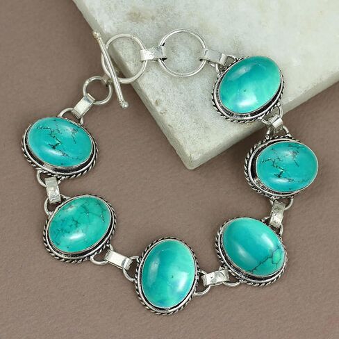 Natural Gemstones 925 Silver Plated Light Weight Trendy Statement Women's Jewelry Bracelets - Vintage Style Birthstone Oval Shape Stones Handmade Adjustable Link Bracelet - Gifts for Her in Saudi Arabia