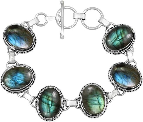 Natural Gemstones 925 Silver Plated Light Weight Trendy Statement Women's Jewelry Bracelets - Vintage Style Birthstone Oval Shape Stones Handmade Adjustable Link Bracelet - Gifts for Her in Saudi Arabia