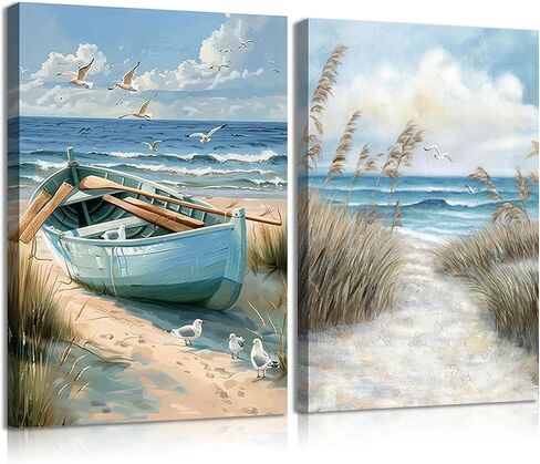 2Pcs Blue Coastal Canvas Wall Art Beach Boat Posters Prints Ocean Seaweand Seagul Pictures Bathroom Seascape Painting Seacoast Theme Wall Decor for Bedroom Living Room Sea View Room 12x16in Framed in Kuwait