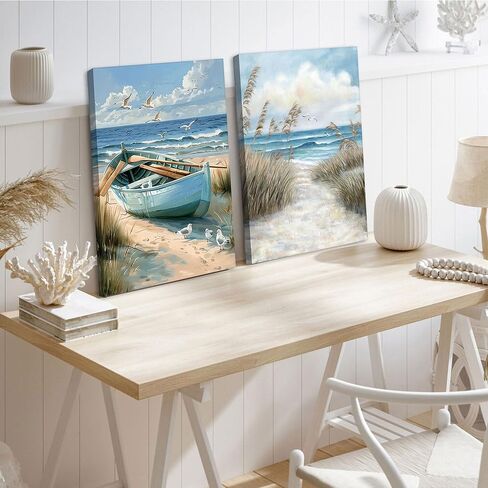 2Pcs Blue Coastal Canvas Wall Art Beach Boat Posters Prints Ocean Seaweand Seagul Pictures Bathroom Seascape Painting Seacoast Theme Wall Decor for Bedroom Living Room Sea View Room 12x16in Framed in Kuwait