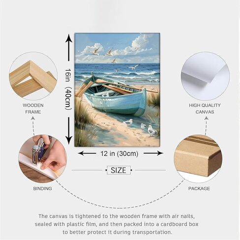 2Pcs Blue Coastal Canvas Wall Art Beach Boat Posters Prints Ocean Seaweand Seagul Pictures Bathroom Seascape Painting Seacoast Theme Wall Decor for Bedroom Living Room Sea View Room 12x16in Framed in Kuwait