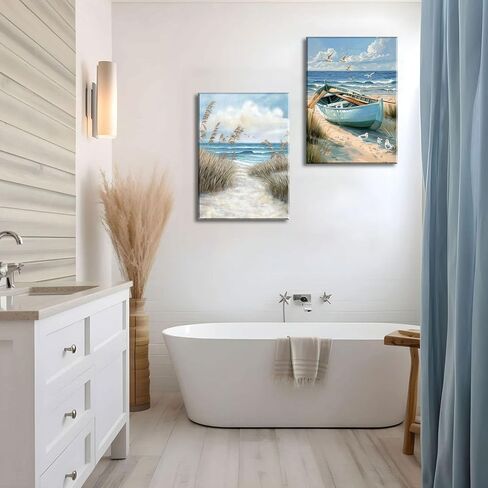 2Pcs Blue Coastal Canvas Wall Art Beach Boat Posters Prints Ocean Seaweand Seagul Pictures Bathroom Seascape Painting Seacoast Theme Wall Decor for Bedroom Living Room Sea View Room 12x16in Framed in Kuwait