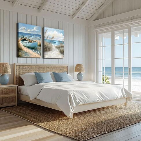 2Pcs Blue Coastal Canvas Wall Art Beach Boat Posters Prints Ocean Seaweand Seagul Pictures Bathroom Seascape Painting Seacoast Theme Wall Decor for Bedroom Living Room Sea View Room 12x16in Framed in Kuwait