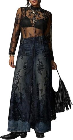 GORGLITTER Women's Plus Size Lace Maxi Dress Y2K Transparent Long Sleeve Mock Neck Sheer Mesh Party Club Long Dresses in Saudi Arabia