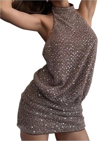 SHENHE Women's Sexy Open Back Sequin Halter Dress Sparkle Party Night Bodycon Mini Dress in Kuwait