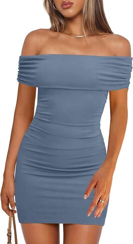 OWIN Women’s Off Shoulder Bodycon Mini Dress Sexy Ruched Ribbed Cocktail Club Party Night Out Dress in Saudi Arabia